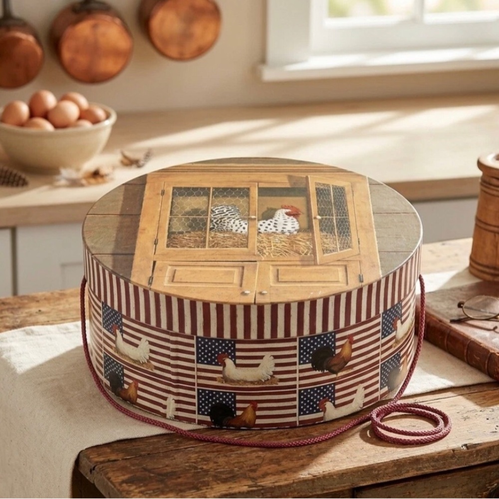 Americana Farmhouse Chicken & USA Flag Round Hat Box Storage Rustic Country